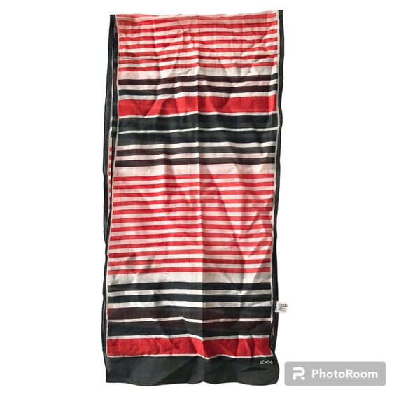 Vintage ECHO Striped Scarf Wrap Shawl Cotton Red Black Stripes 12 X 54" France - Picture 2 of 13